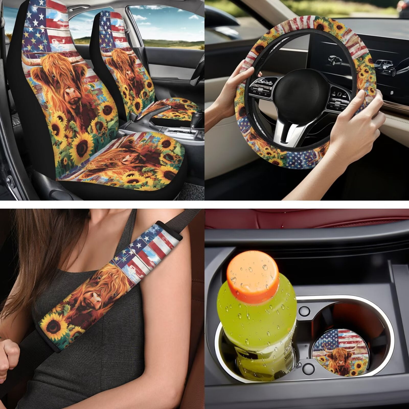 Binienty Sunflower Highland Cow Print Automotive Seat Covers with Armrest Cover Seat Headrest Cover Seat Belt Shoulder Strap Covers Keychain 14 Pieces American Flag Car Interior Accessories Set