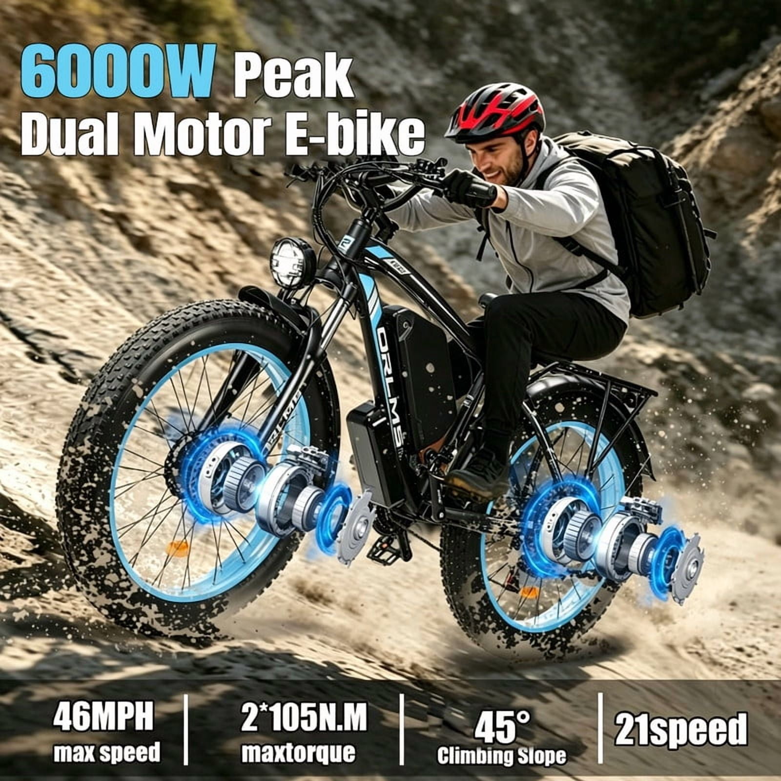 5000W Peak Electric Bike, 60V 25AH Battery Ebike for Adults, Dual Motor AWD Ebike 50MPH 21-Speed ,Long Range Mountain EBike with 26" x 4.0 Fat Tire, All-Road Mountain Bike UL2849, Christmas Gift