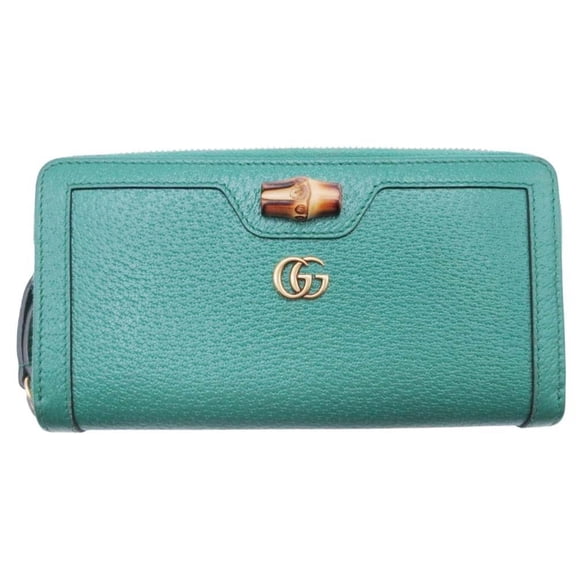 Pre-Owned GUCCI Double G Logo Bamboo Long Wallet with Round Zipper and Coin Purse, Green, for...