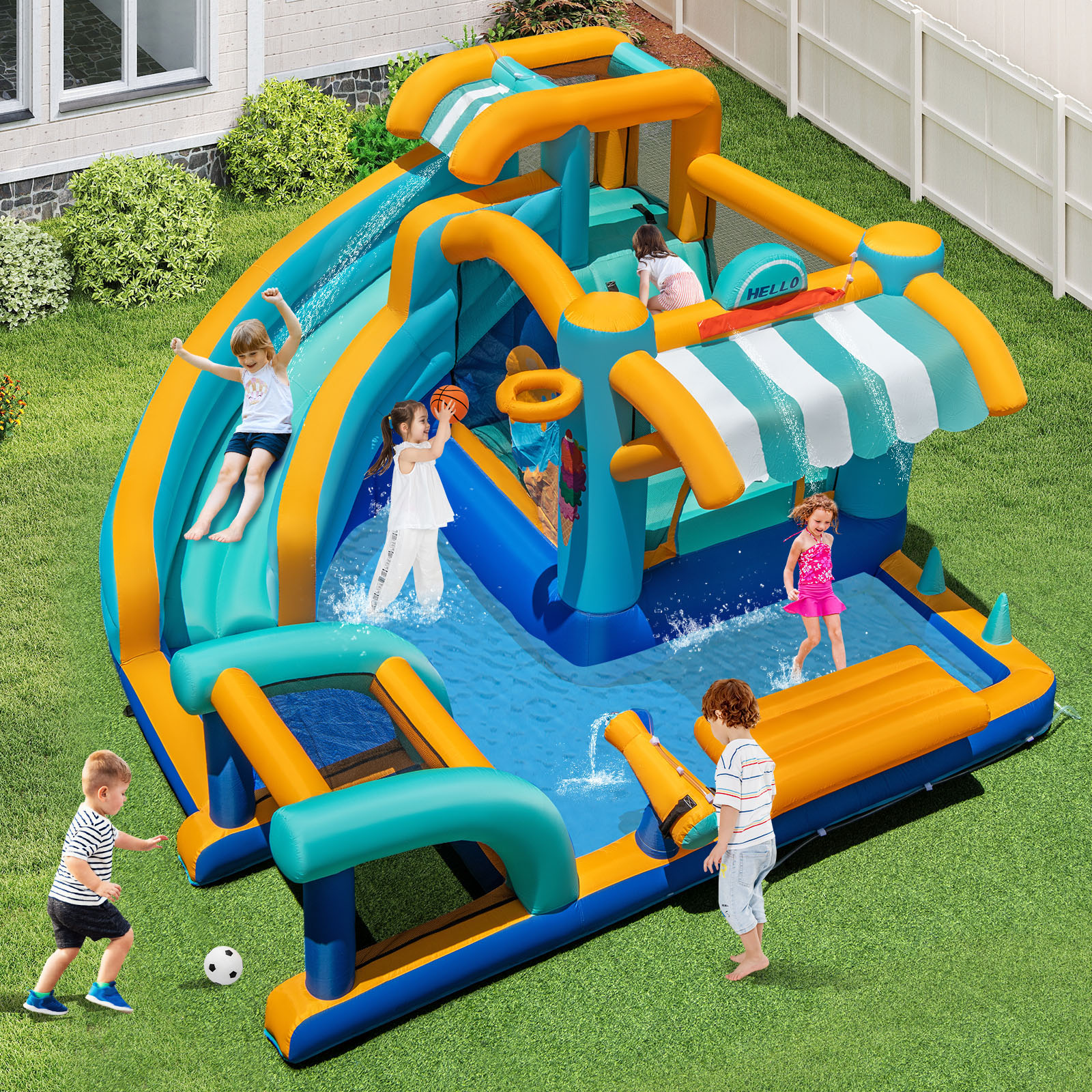 Patiojoy Inflatable Water Park with Market Stand Water Slide with Climbing Wall & 750W Blower