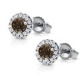thumbnail image 2 of Gem Stone King 10K White Gold Halo Earrings 0.67 Ct Round Brown Smoky Quartz E-F Lab Grown Diamond, 2 of 5