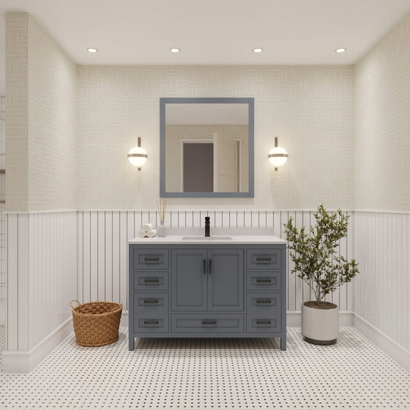 Ayna Decors Rooh 48 in Charcoal Grey Bathroom Vanity Set with White Quartz Countertop | Ceramic Sink | 2 Soft Closing Doors | 7 Full Extention Soft Close Drawer | Black Hardware