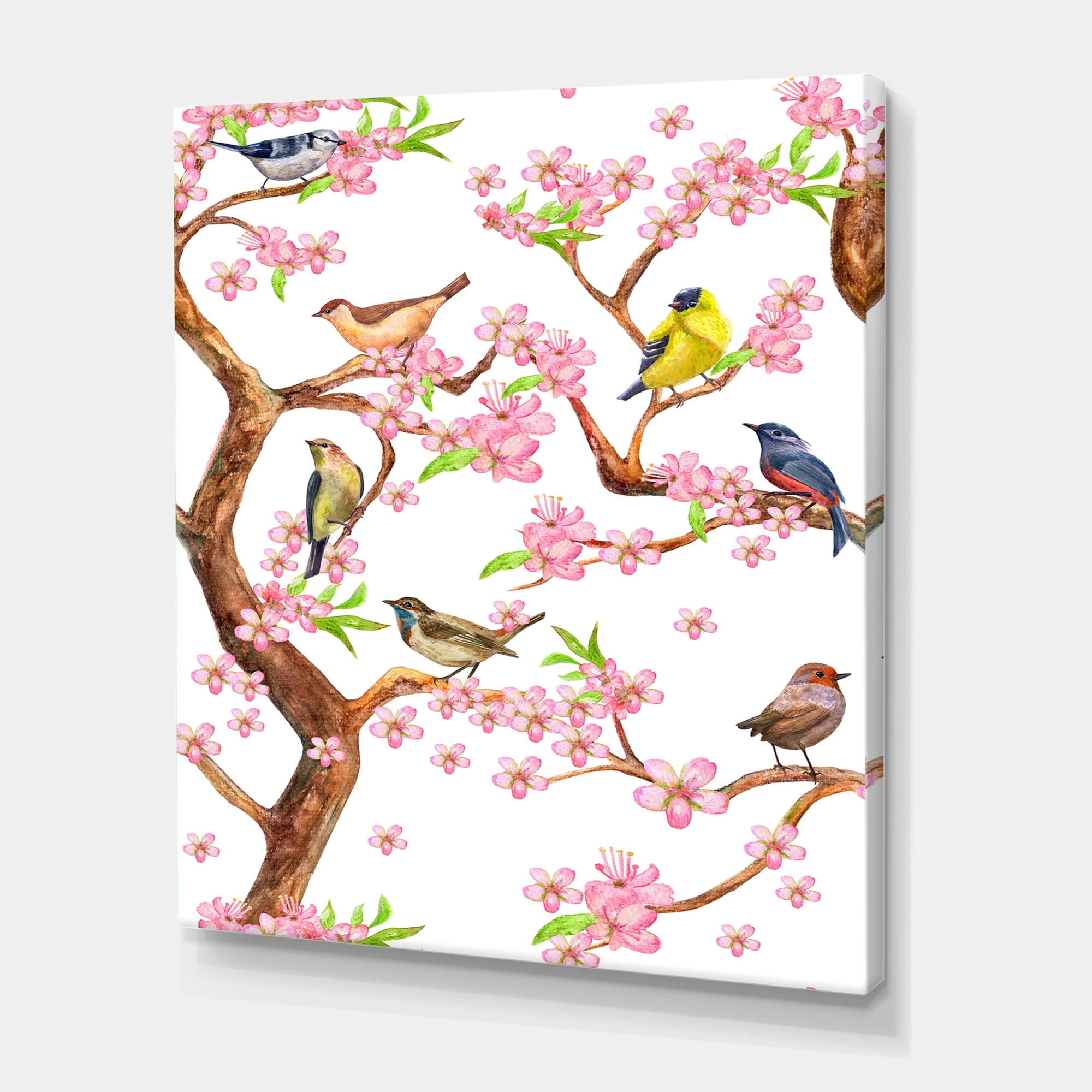 Designart ' Colorful Little Birds On Spring Flowers Tree ' Traditional Canvas Wall Art Print
