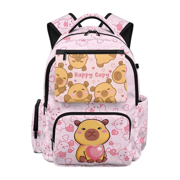 Psesaysky Cute Capybara Heart Funny Backpack with Front Pocket, Lightweight Multi-Pocket 17 Inch Casual Daypack for School Camping