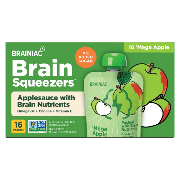Brainiac Brain Squeezers Applesauce with Omega-3s, 'Mega Apple, No Sugar Added, 3.2 oz, 16 Ct