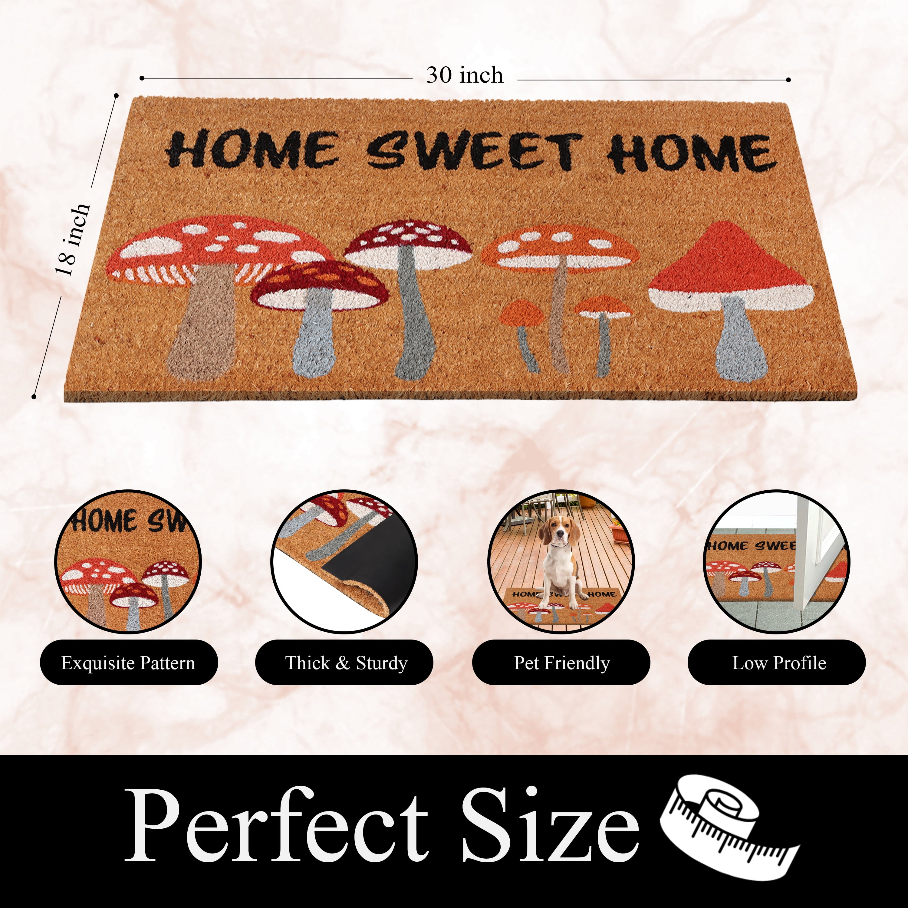 A1HC Natural Coco Coir Doormat, Sweet Home Mushroom, 18"x30", Durable Outdoor Welcome Mat, Non-Slip, Easy to Clean, Pet Friendly