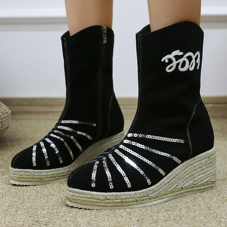 

Josdec Womens Boots Wide Width Large Winter Sequin Zipper Imitation Straw Woven Bottom Slope Heeled Mid Length Cotton Boots Cowgirl Boots Black 40
