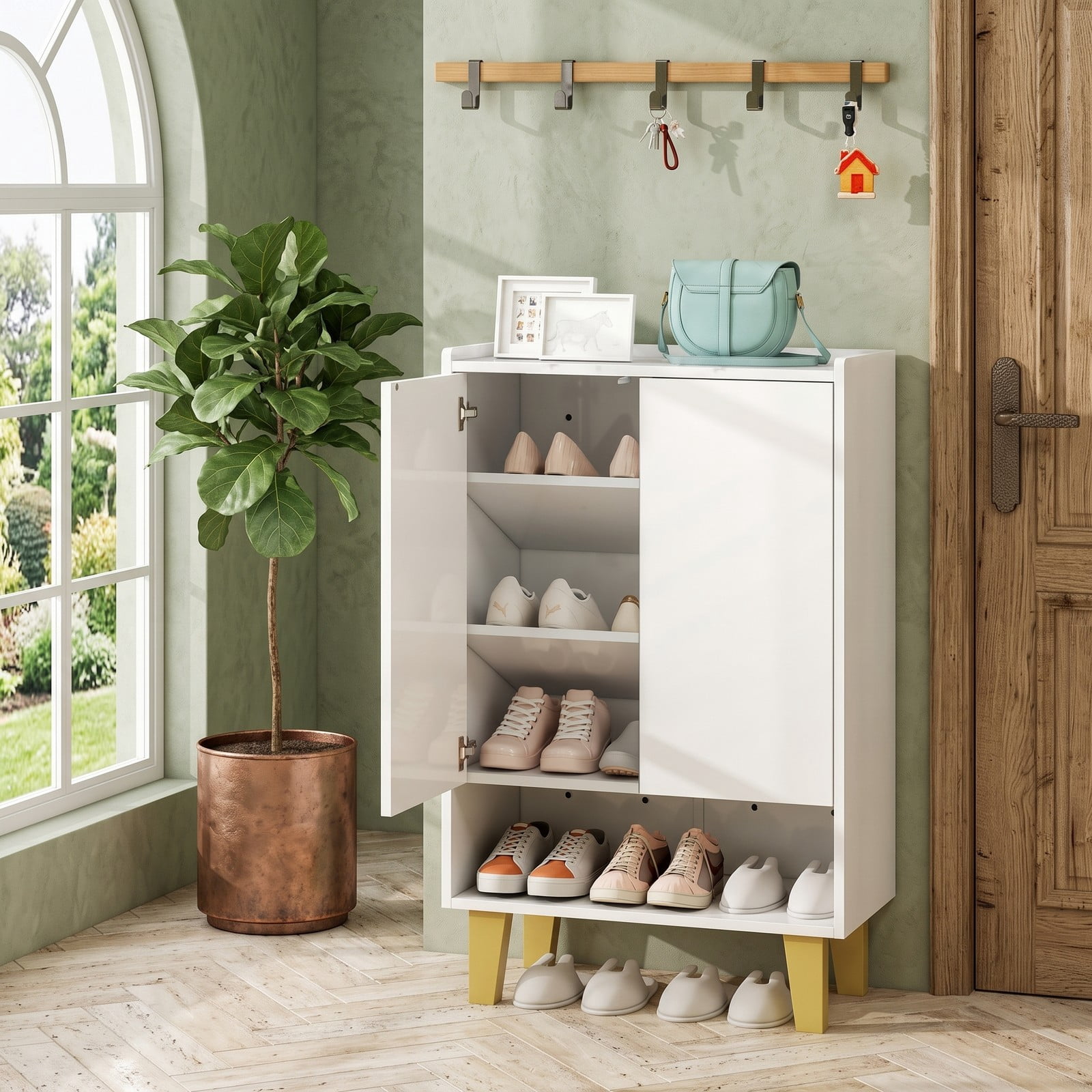 Furnibear 5-Tier Shoe Cabinet with Faux Marble Countertop and Flat Tilting Shelves for Entryway and Hallway, White and Gold