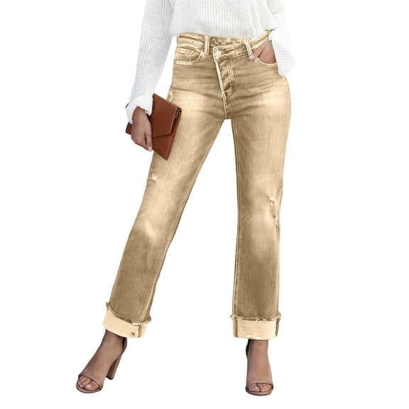 HXWCHs Women's High Waist Straight Leg Denim Trousers Stretch Comfortable Slim Fit Casual Jeans for Everyday Work Wear XS Yellow