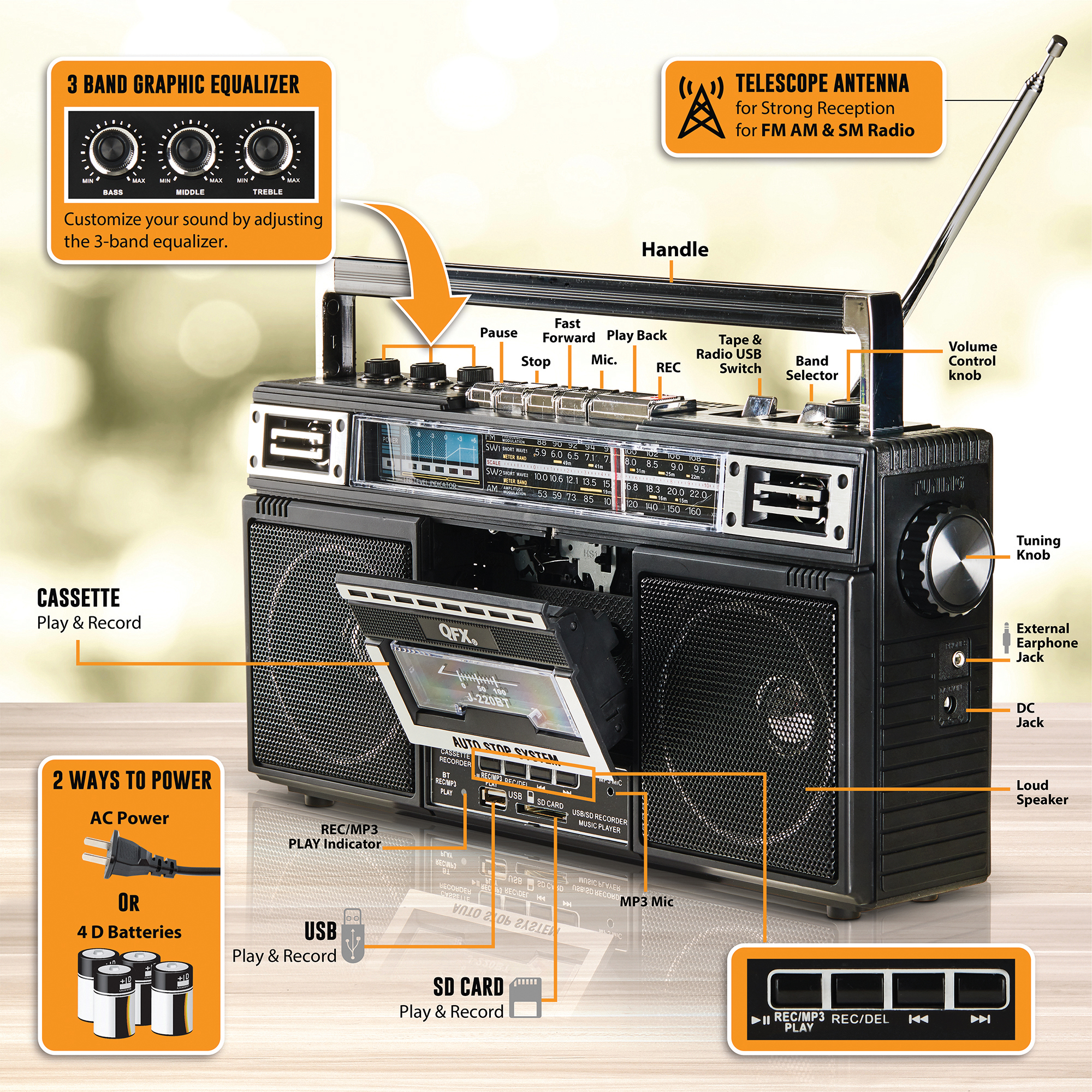 QFX J-220BT Cassette Boombox with Bluetooth and Radio photo 3