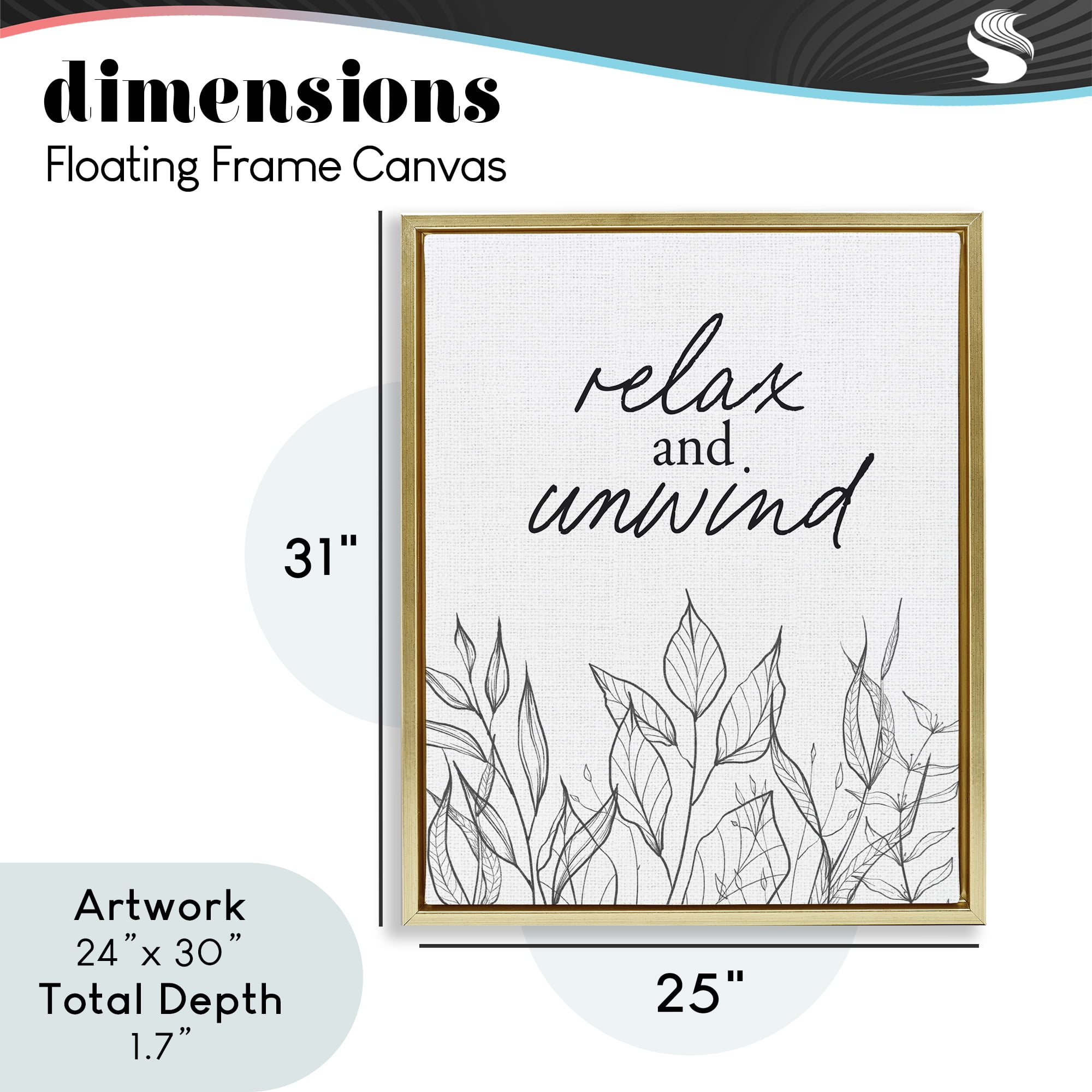 Relax Unwind Minimalist Leaves Gold Framed Floater Canvas Wall Art, design by Lettered and Lined