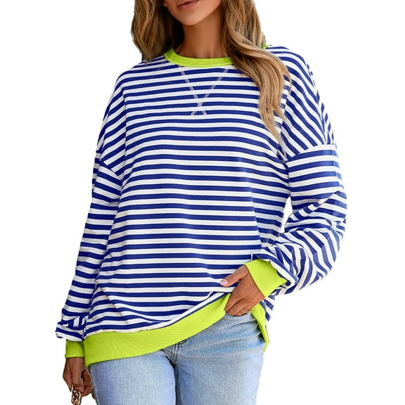 SHEWIN Plus Sweatshirts Stripe Pullover Crewneck Blouse Loose Fit Plus Size Sweatshirts for Women 3X