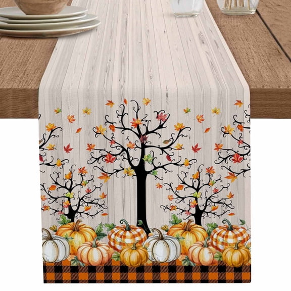 nqOlkjepod Pumpkins Thanksgiving Table Runner 36 Inches Long Farmhouse Dress Scarves, Fall Black Orange Plaid Leaves Retro Dining Tablerunner for Coffee Table/Kitchen Island/Party, Small 13"x36"