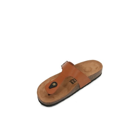 

Women Soft Cork Footbed PU Leather Hook and Loop T Strap Flip Flops (PU Brown / 11 )