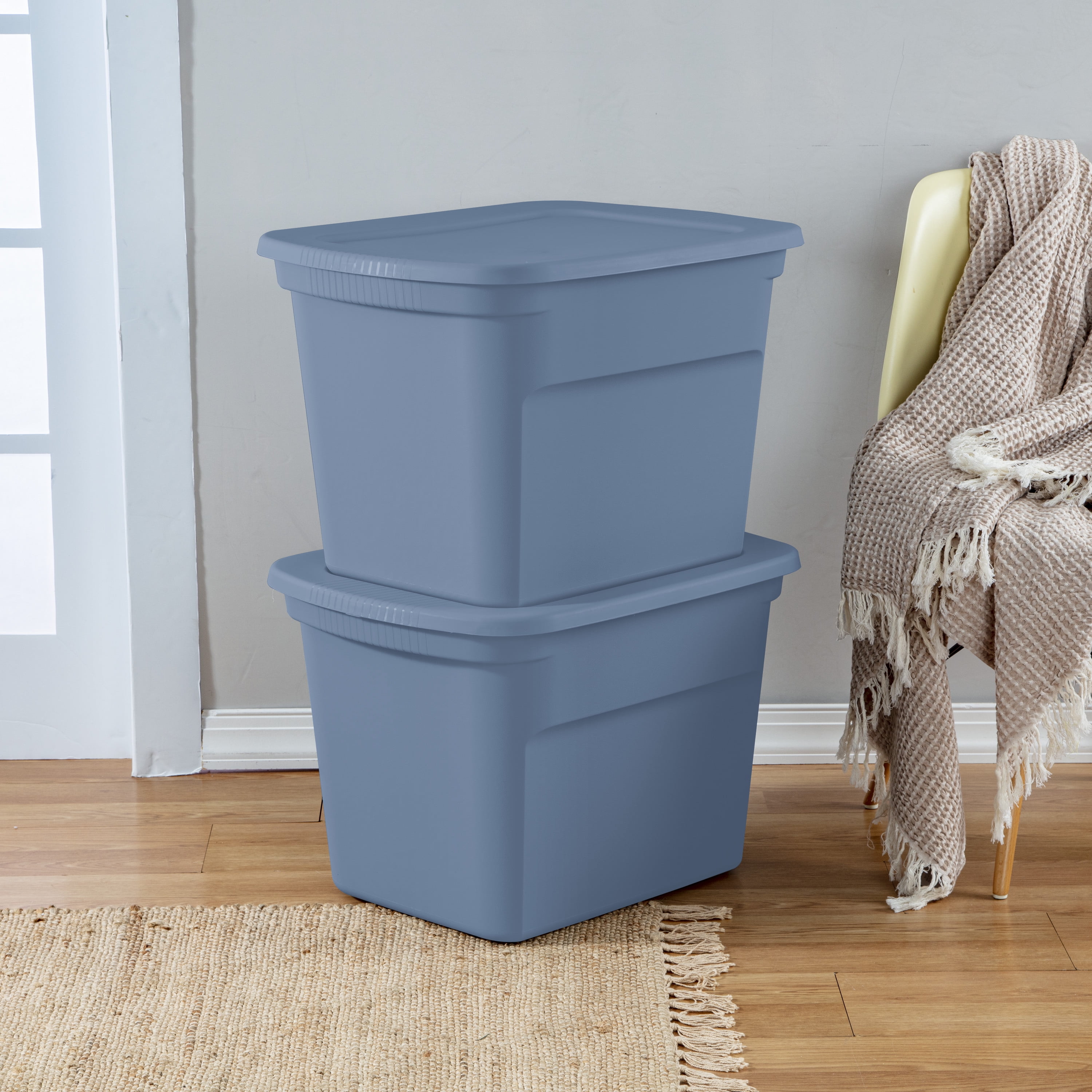 Sterilite 68 Liter Tote, Plastic Storage Bin with Snap-on Lid, Stackable, Blue