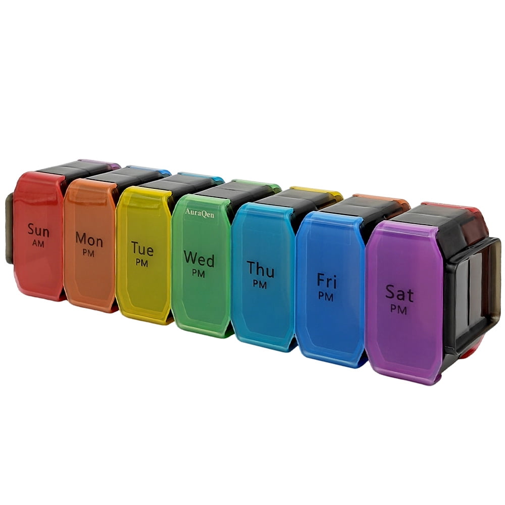 AuraQen 7-Day Weekly Pill Organizer - Food Grade PC Medication Box with 14 Color-Coded Compartments (40x60 Inches) - Independent Lids for AM/PM Dosing