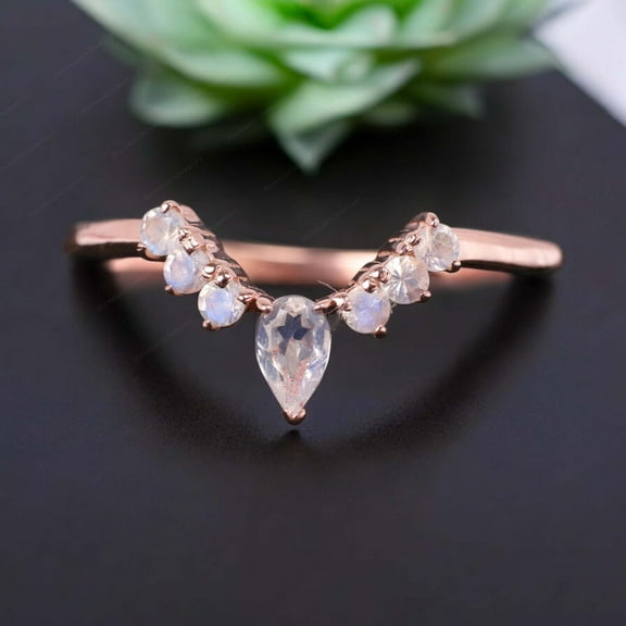Pear Moonstone Wedding Band Bridal Rose Gold Jewelry Curved Half Eternity Proposal Band Anniversary Gift Band