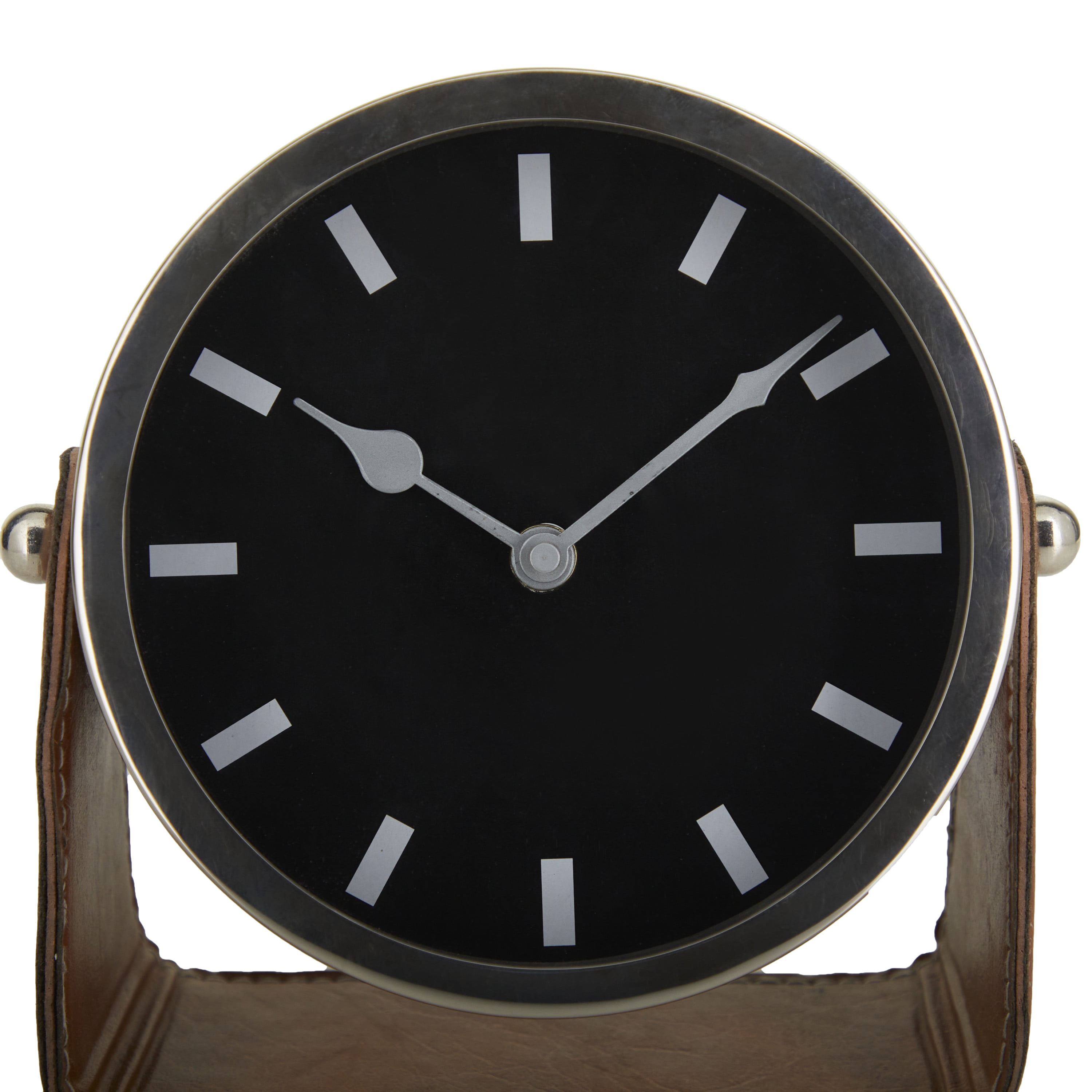 DecMode Stainless Steel Modern Round Decorative Desk Clock 7"W x 7"H, with Metallic Silver and Leathery Brown Stand