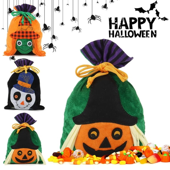Luxtrada 3PCS Halloween Trick or Treat Bags, Halloween Candy Bags Velvet Fabric Halloween Bags for Gifts Wrapping, Halloween Party Supplies (Skeleton&Pumpkin&Witch)