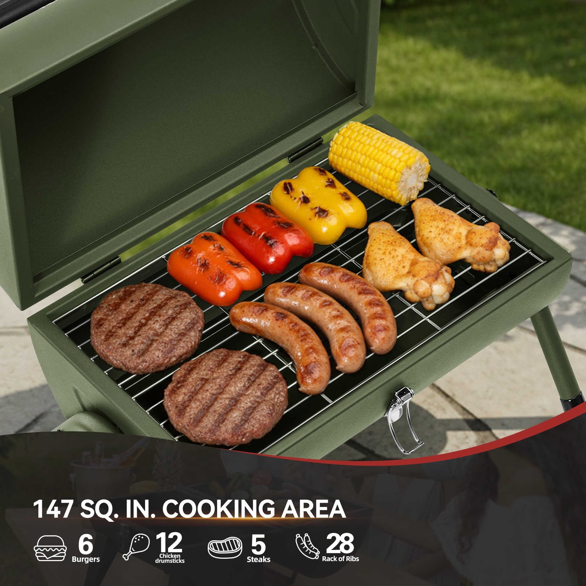 Royal Gourmet CC1015L Portable Charcoal Grill,with Four Air Vents, for Outdoor Backyard, Patio Parties and Picnics, Olive Green