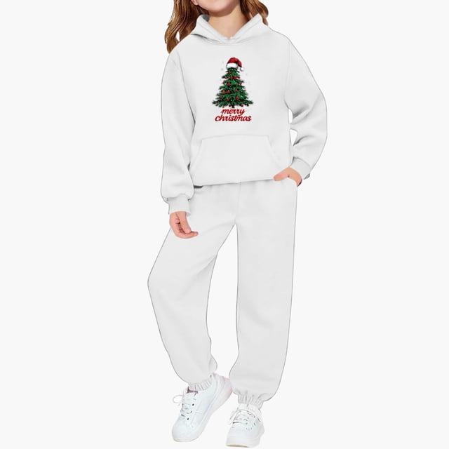 Conjunto de sudadera con capucha de manga larga para niños con estampado invernal y pantalones deportivos con lazo en las piernas, deportivo informal con forro polar para mayor calidez, conjunto de do