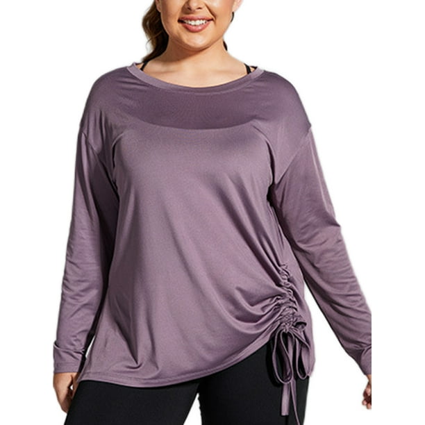 Avamo Ladies Workout Tops Long Sleeve Yoga Shirt Plus Size Sport T  Oversized Tee Gym Blouse Gray Purple 4XL 