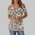 thumbnail image 2 of Olyvenn Women's Short Sleeve Shirts Floral Print Cold Shoulder Tops Basic Tees V Neck Blouse Fashion Summer Tshirts Khaki M, 2 of 6