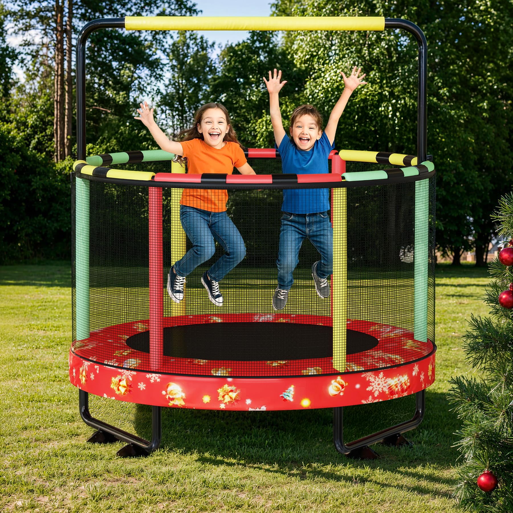LinkRomat Round Trampoline for Kids, Indoor & Outdoor Toddler Trampoline with Enclosure, Adjustable Height Handrail & Durable Designs for Boys & Girls, 450lbs Capacity, 7-in-1, 55"