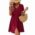 thumbnail image 2 of Vestido Bohemio de Fiesta para Mujer, de Corta, con Botones y Cuello en V, con Bolsillos, Vino Tinto M, 2 of 6