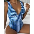 thumbnail image 2 of Hotian Women Stripe One Piece Swimsuit Plunge V Neck One Piece Bathing Suit Deep V-Neck Sexy Swimwear Royal Blue XL, 2 of 5