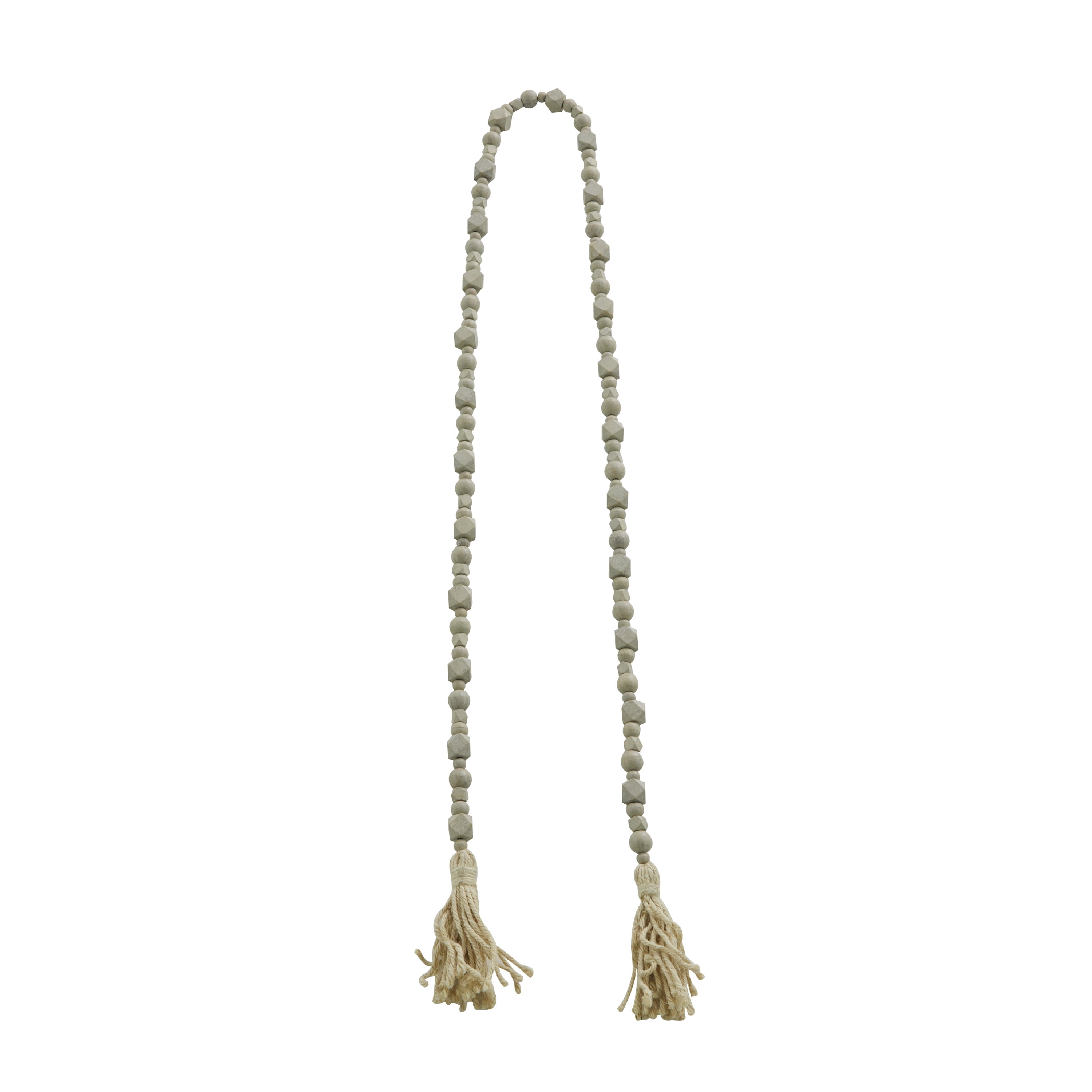 DecMode Gray Wood Bohemian Garland Décor with Geometric Bead Details and Cream Cotton Tassel, 81"L