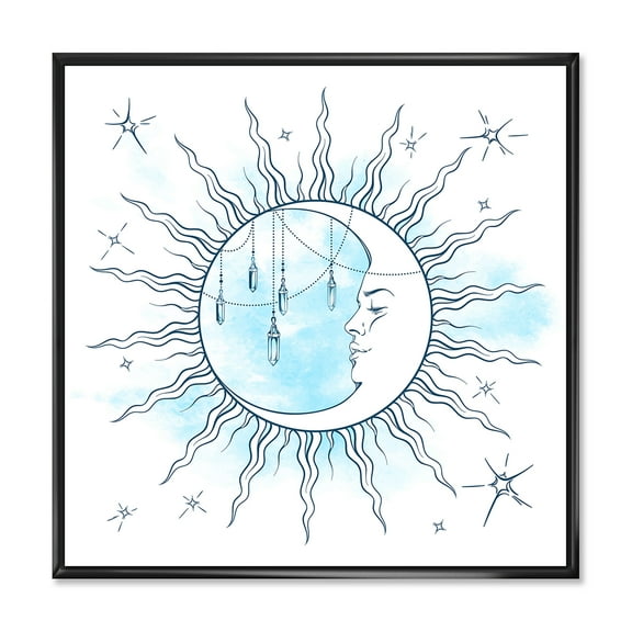 Designart 'Blue Crescent Moon With Stars and Moonstone Pendants' Bohemian & Eclectic Framed Canvas Wall Art Print