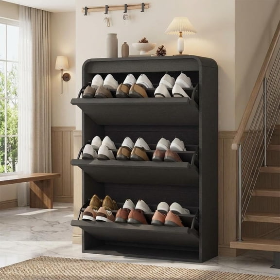 Shoe Cabinet with 3 Flip Drawers, Wooden Shoe Cabinet with Adjustable Shelf, Shoe Storage for Entryway, Hidden Shoe Cabinet for Hallway, Living Room, Black