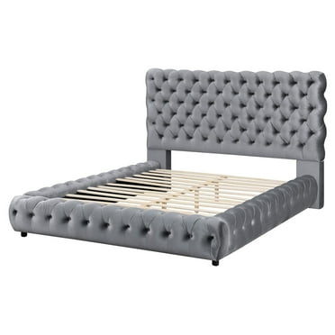 Benjara James Queen Size Bed, Platform Style, Button Tufted Gray Velvet Upholstery