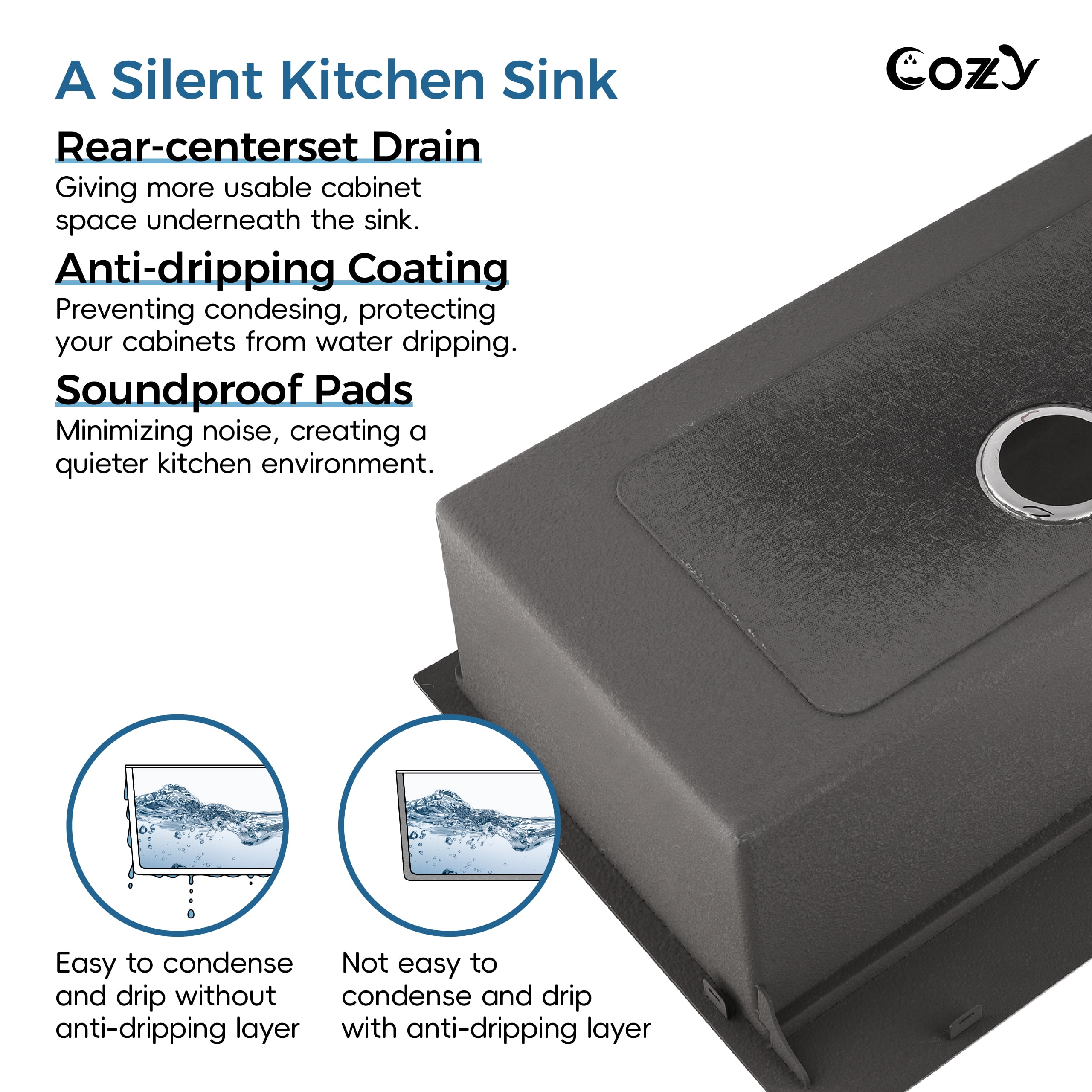 COZY Black Stainless Steel Kitchen Sink, Drop In Double Bowl, Undermount Handmade Sink in Matte Black, with US Standard Drain and Hook.