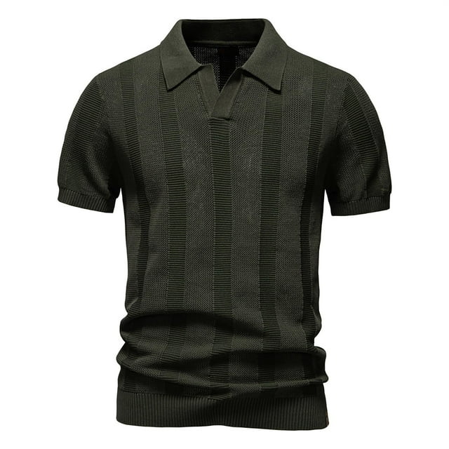 Chemise en Tricot pour Hommes, Col Rabattu à Manches Courtes, Design à Rayures Ajourées, Tissu Acrylique, Tenue d'Été Décontractée, Haut Léger et Respirant