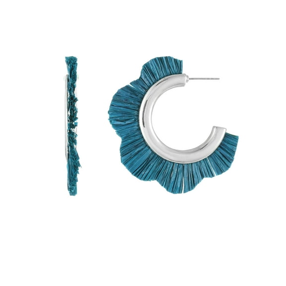 Time and Tru Woven Raffia and Silvertone Hoop Earring, Teal, 1 Pair