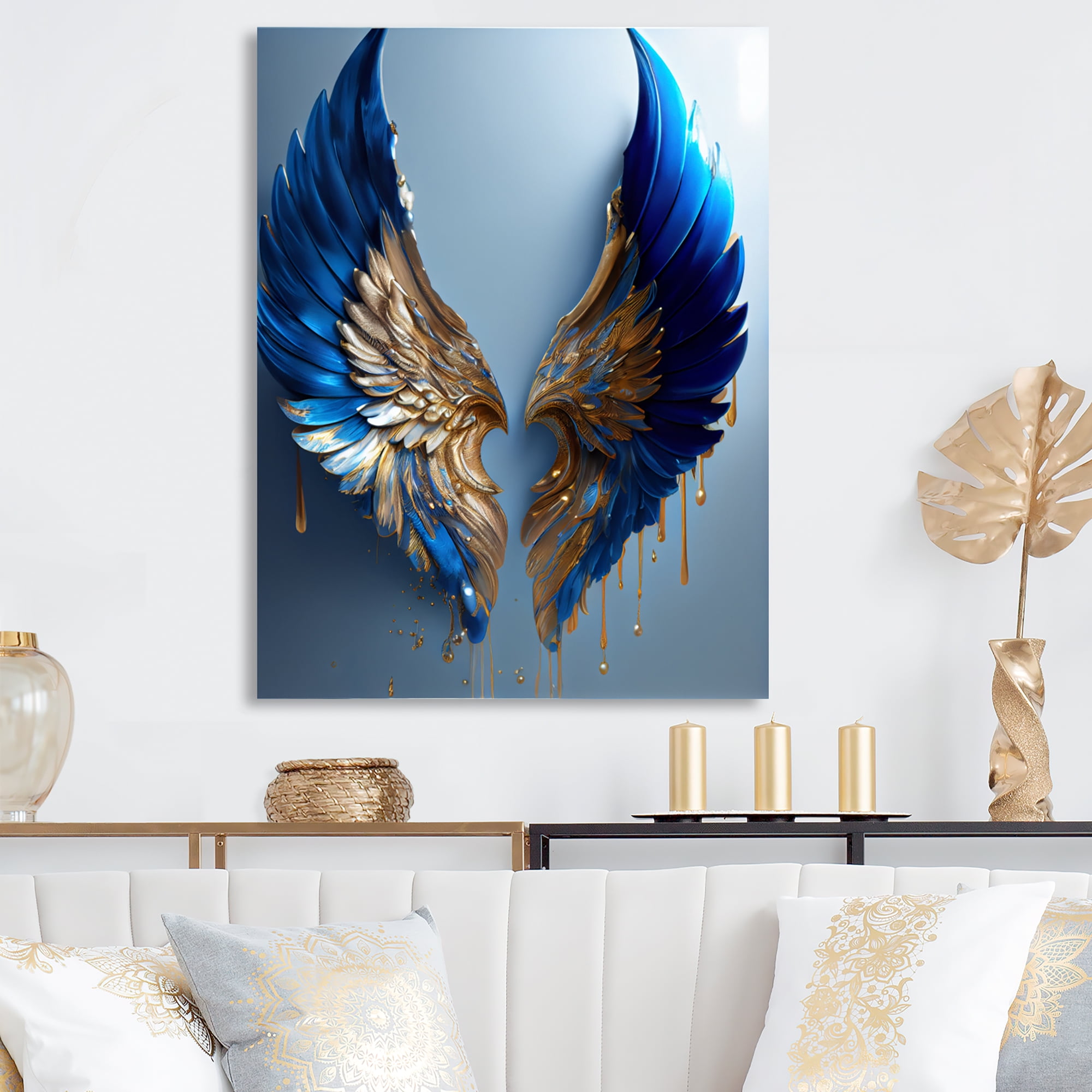 Designart Blue And Gold Angel Wings V Canvas Wall Art