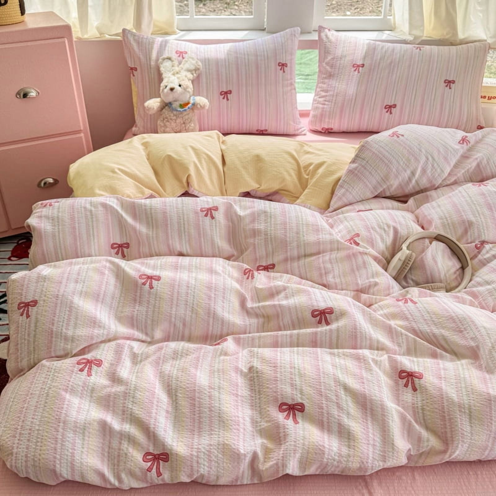 JOLUSERE 2-Piece Colourful Striped Girls Duvet Cover Twin Set, Reversible Pink Bows Soft Bedding Sets for Kids