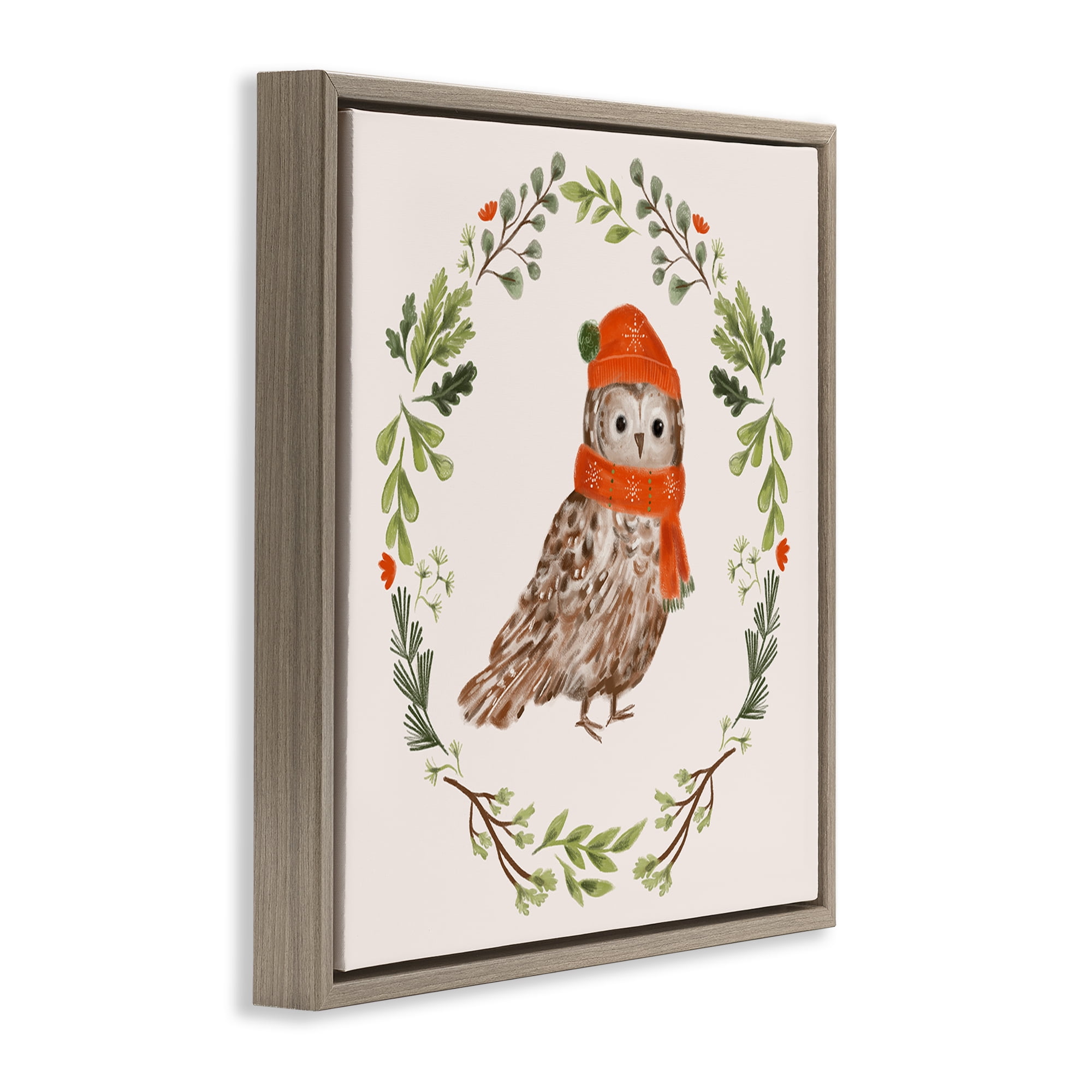 Stupell Industries Holiday Owl Wreaf Holiday Painting Brown Floater Framed Canvas Art Prints Wall Art, 18 x 18