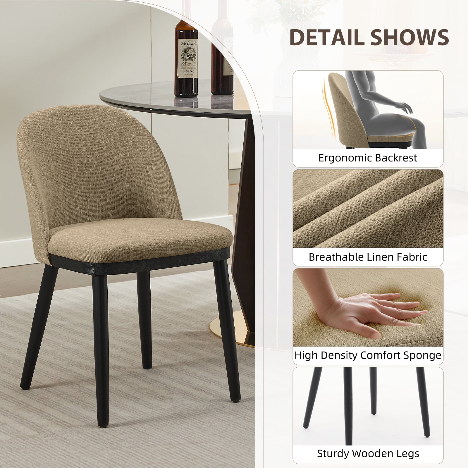 Memoryfield Dining Chairs Set of 2, Modern  Upholstered Kitchen Side Chairs with Curved Backrest, Camel