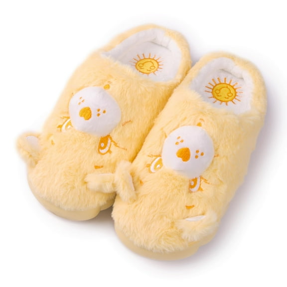 Care Bears Unisex Cozy Terry Memory Foam Indoor Outdoor Soled Slipper in Sizes S-XL, Funshine Bear-Yellow Super Plush, Small Women