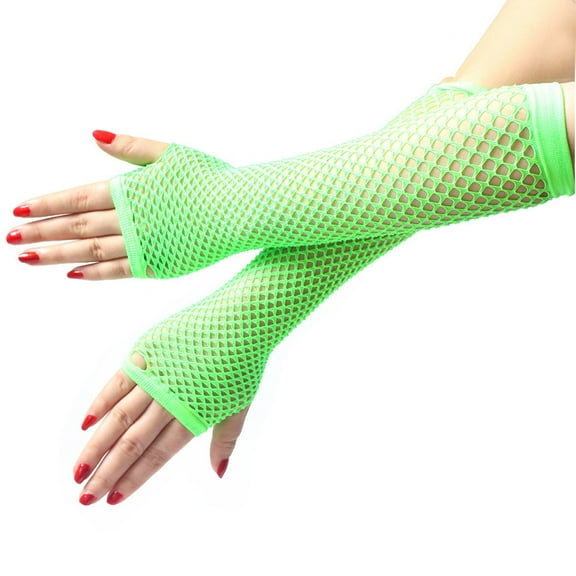 Hot Sales Fingerless Fishnet Gloves GIJNRIUIUA Under $3 Ladies Girls Neon Long Fingerless Fishnet Lace High Elasticity Gloves Green Gloves & Mittens