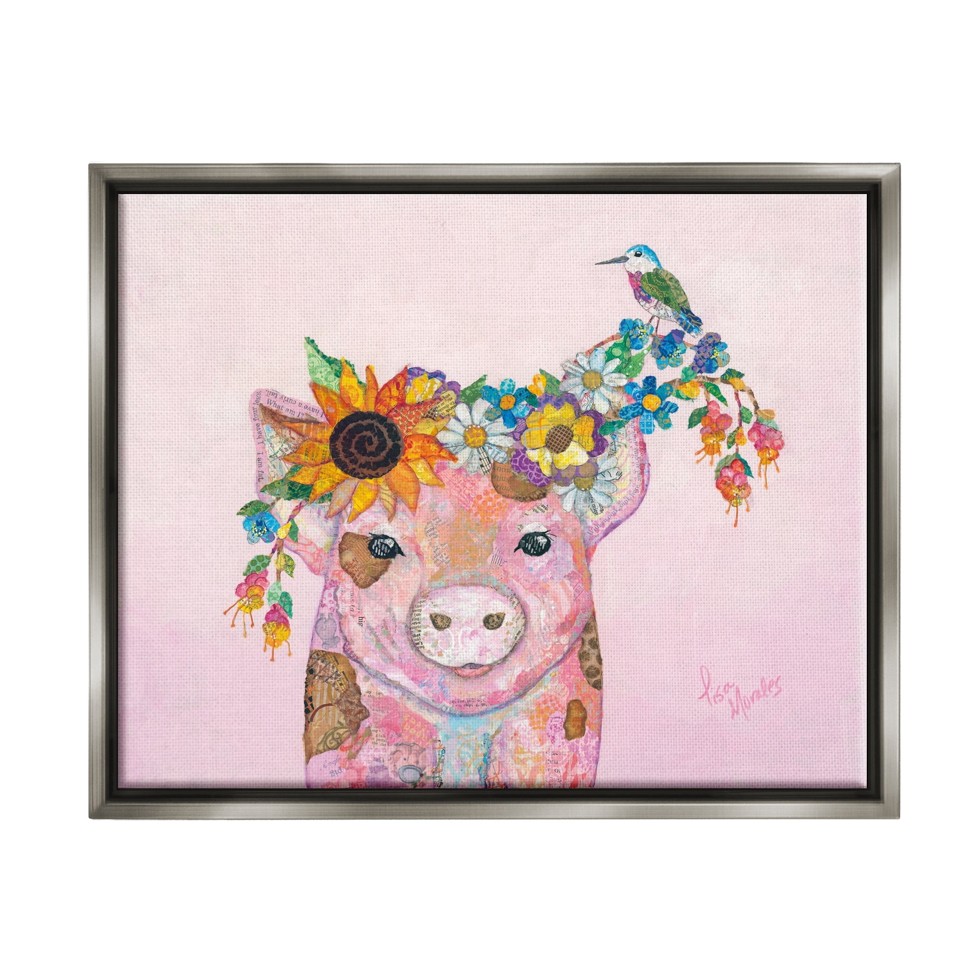 Stupell Industries Floral Pink Little Piggy & Bird Animal Collage Painting Luster Gray Floating Framed Canvas Print Wall Art, Design by Lisa Morales