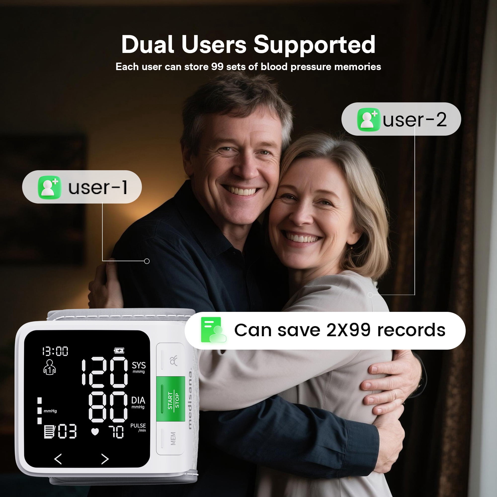 Medisana Bluetooth Wrist Blood Pressure Monitor for Home Use, Automatic Digital BP Machine with Adjustable Wrist Cuff, 2x99 Memory, VA Full View Screen, 4-Color Backlight
