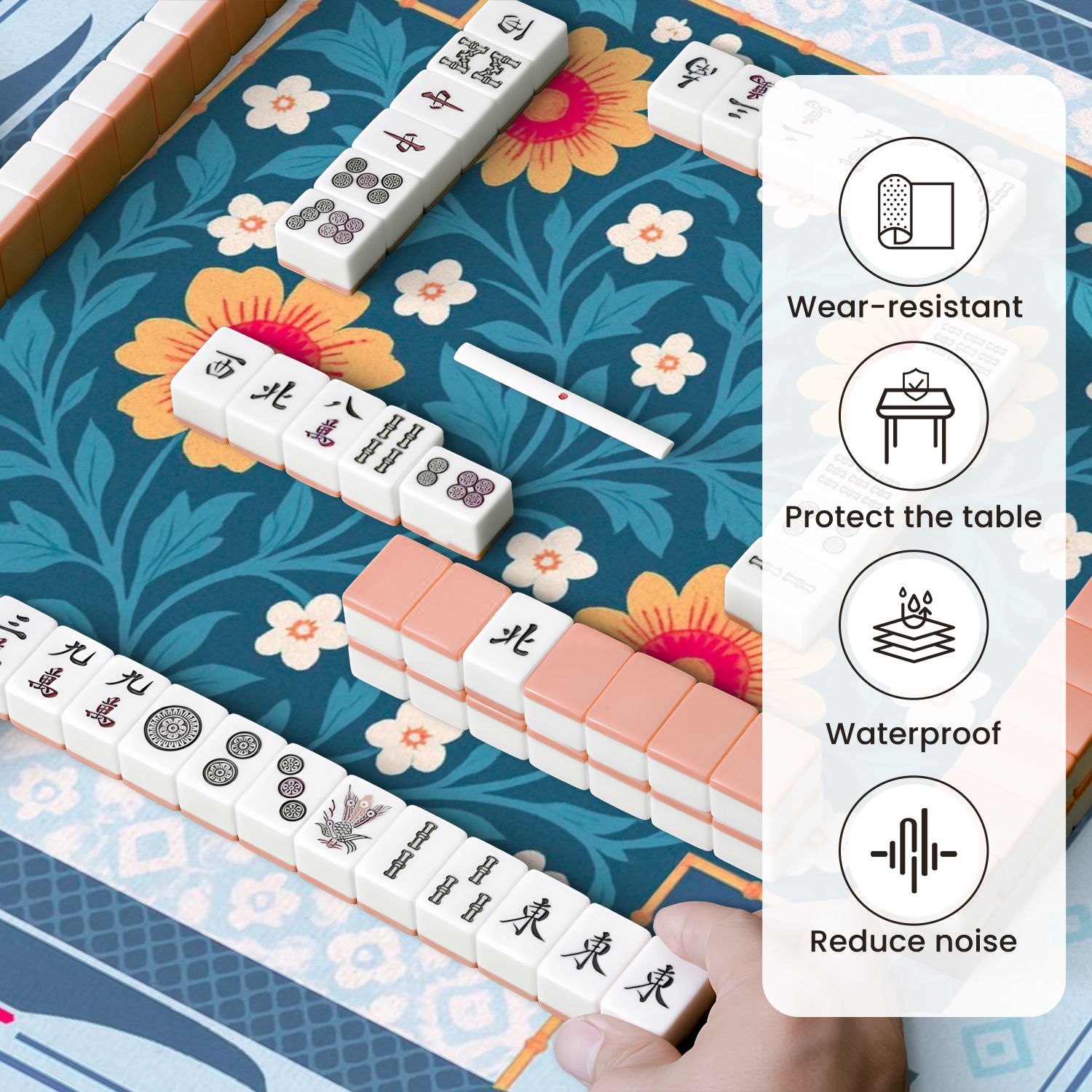 Mahjong Mat 31.5" x 31.5" Floral Yellow Sunflowers White Blossoms Blue Anti-Slip and Noise Reduction Symmetry Design Mahjong Tiles Table Cover for Dominoes Poker Card Board and Tile Games