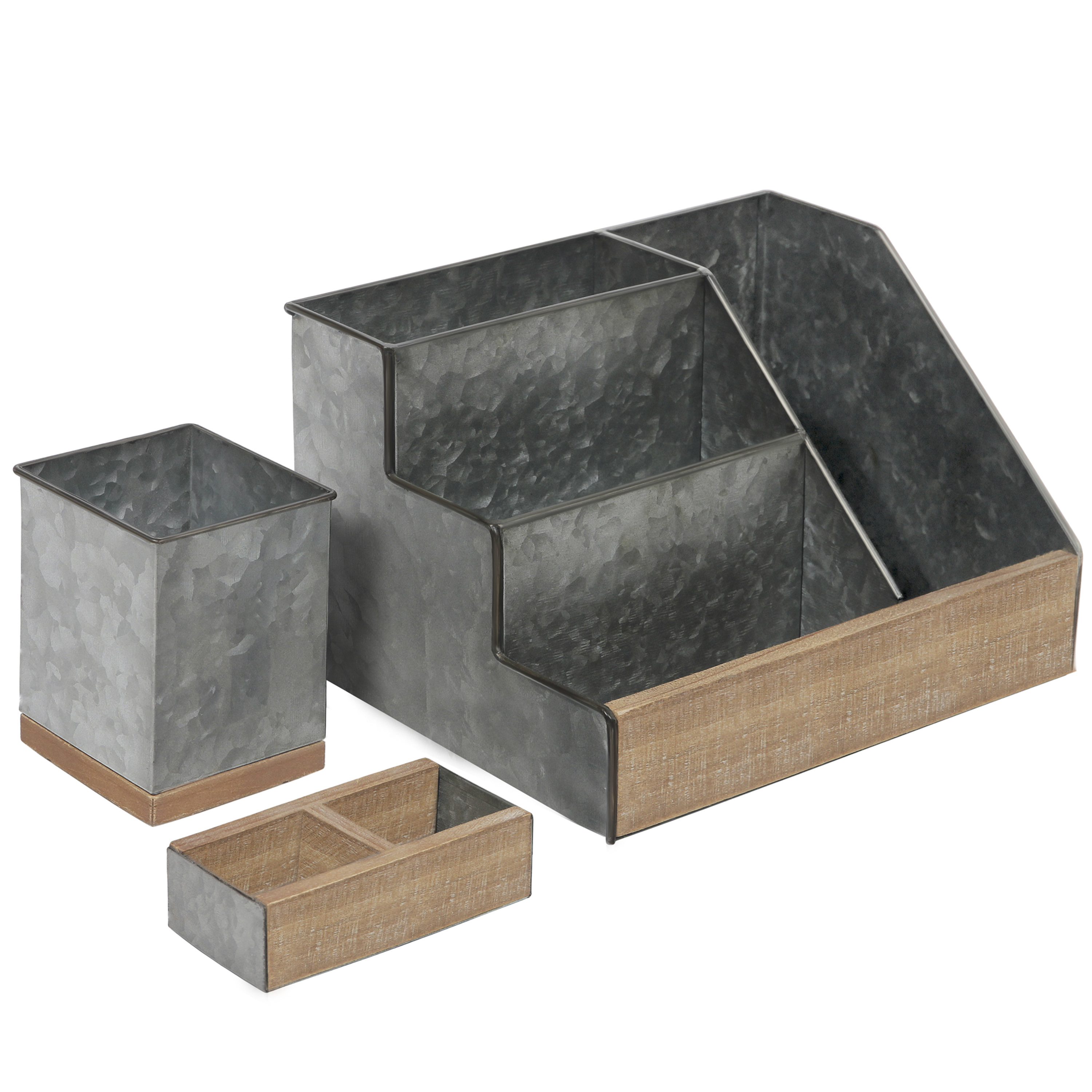 HBCY Creations 3 PIECE Galvanized Metal Desk Organizer Set- Rustic Mail Organizer For Desktop - Great For Rustic or Industrial Decor! Makeup Organizer For Vanity