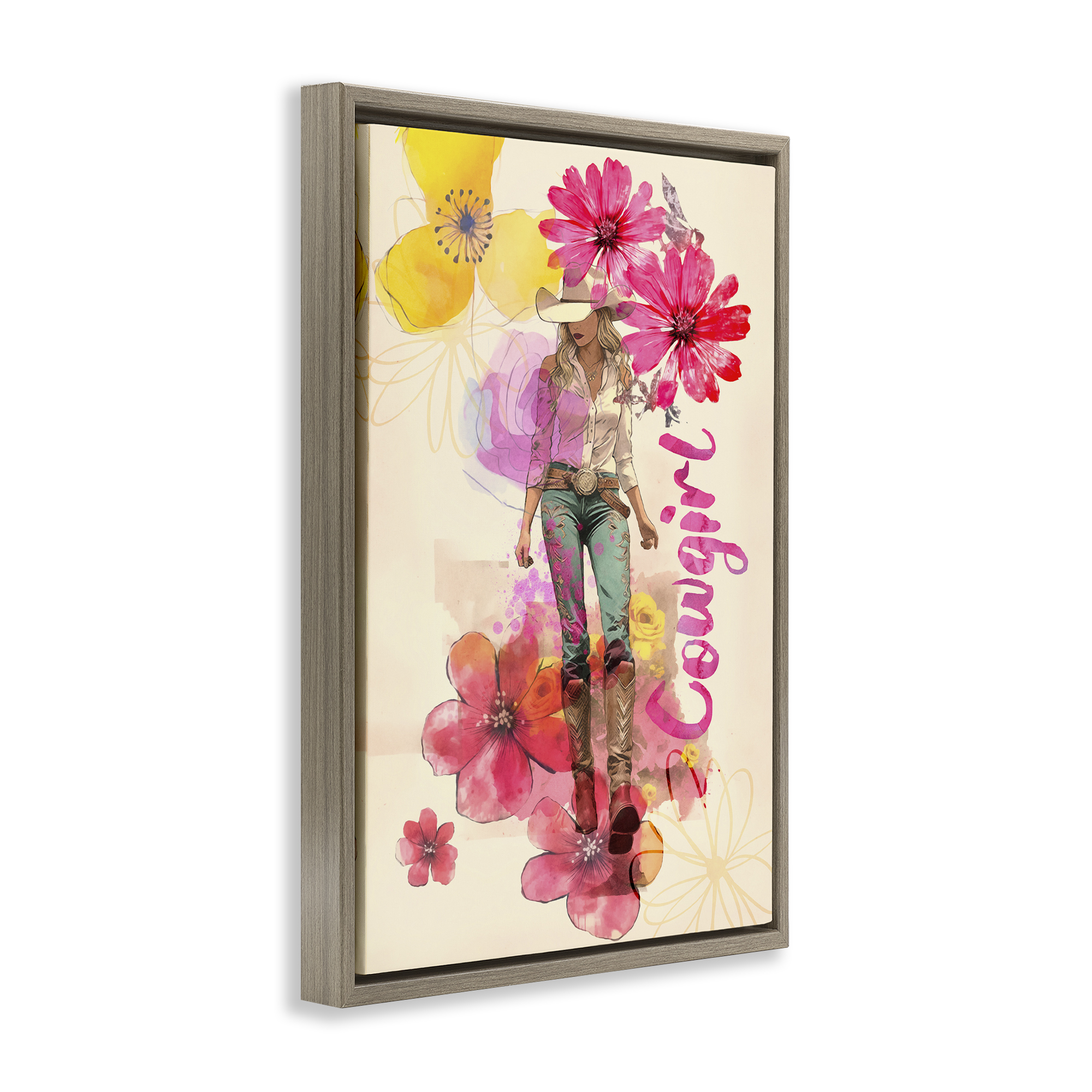 Stupell Industries Fancy Floral Cowgirl People Painting Brown Floater Framed Canvas Art Print Wall Art, 17 x 25