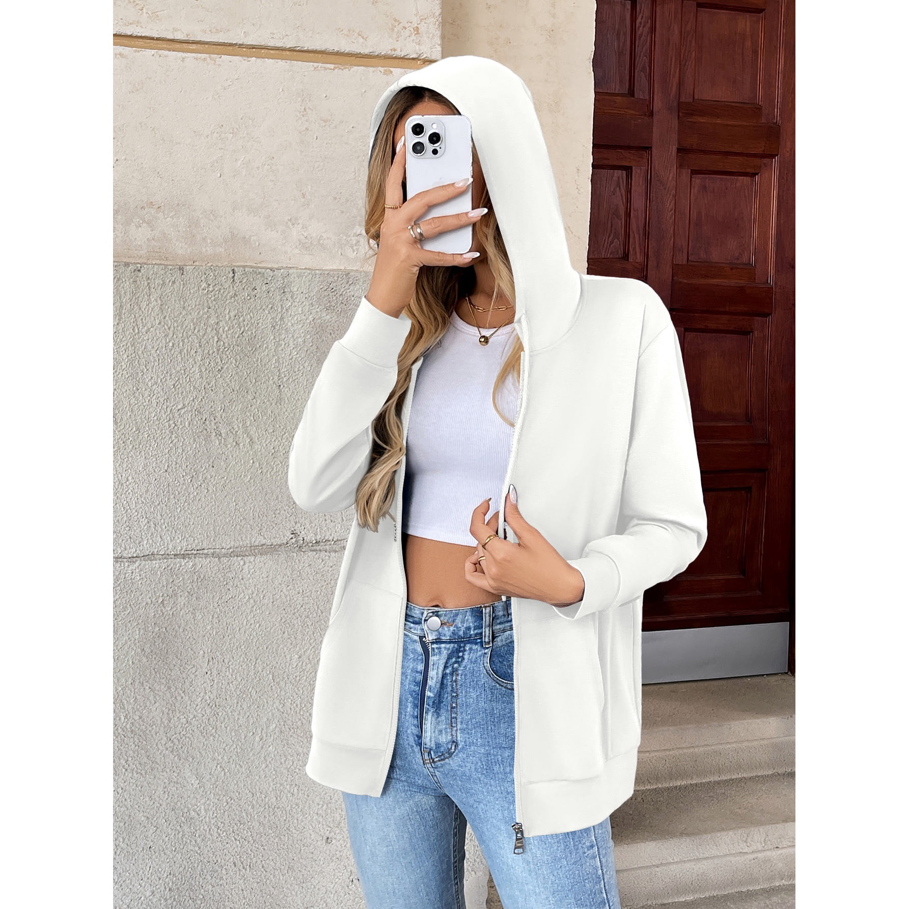 HOWCOME Women Casual Full Zip Up Hoodie - Lightweight Long Sleeve Sweatshirt Jacket with Pockets Fall/Winter Jacket, White 2X-Large