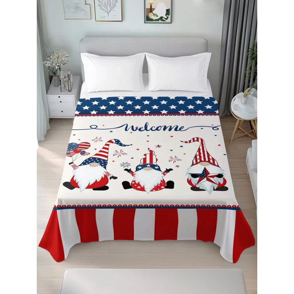 Queen Size Flat Sheet Only,Happy Independence Day Funny Gnome Soft Top Bed Sheets Breathable Bedding Sheet Stars and Stripes Microfiber Hotel Luxury Top Sheets